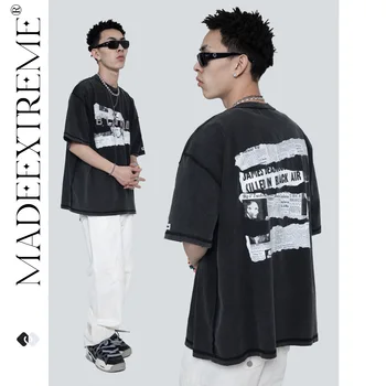 BLACKAIR vitnage, выстиранная футболка с короткими рукавами, мужская уличная одежда с газетным принтом, ретро черная футболка, модные повседневные графические топы, тройники