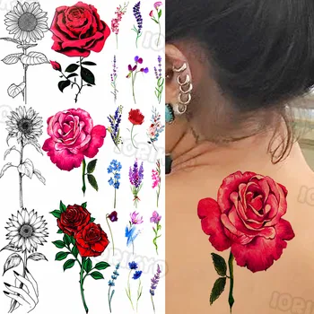 Красочные Розовые Водонепроницаемые Временные татуировки Для женщин девочек Солнечный Цветок Лаванда Лотос Поддельная Татуировка Наклейка на шею Тату на тело Шоу
