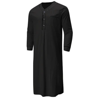 Мужской льняной халат с V-образным вырезом, Закатанный короткий рукав, Однотонная Длинная ночная рубашка, Повседневная свободная рубашка, Кафтан Thobe с карманом