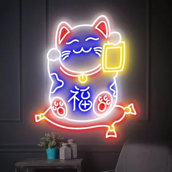 Неоновая вывеска Аниме Cute Lucky Cat с открытой дверью, изготовленный на Заказ светодиодный неоновый светильник для украшения кассового аппарата, настенного декора комнаты